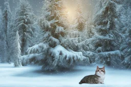 Cat in Wellensteyn coat, winter forest, pine trees, snowing, in sunshine