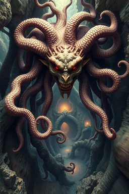 søt som fy Medusa, en god og snill og flink og veldig søt og hårete som en hippie , humanoid skapning fra universet, de regjerer ofte i underjordiske byer . ser på seg selv som overlegne , abyss city, motion blur, painted by Escher