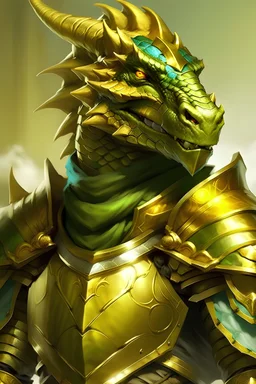 Dragonborn DnD, golden, friendly face, green knight