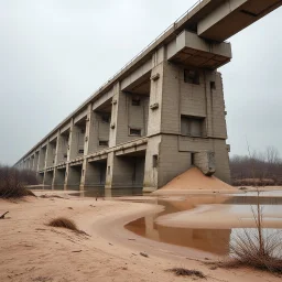 Fotografia di un grande ponte moderno brutalista, che sembra un tugurio, parzialmente sommerso. La struttura è erosa e inglobata dal paesaggio naturale, come se il tempo o l'ambiente avessero iniziato a "riassorbirla". No. L'atmosfera è desolata e surreale, con un ambiente circostante spoglio e sabbioso hasselblad h6d400c --ar 85:128 --v 6.0