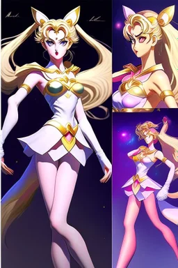 Create a stunning, full body, photorealistic illustration of Sailor Moon's transformation sequence, highlighting her evolution into a beautiful and powerful woman. Ensure that the details, colors, and lighting capture the essence of her character and the magic of the transformation, make no distortion, no deform of any body, no ugly face and eyes, lips, make sure its full body frame,