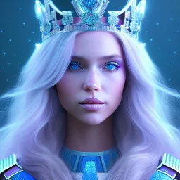 A portrait of a full body crystalised blue pink queen,smiling face, blue eyes, long blond hair, atmospheric, realistic, unreal engine, lighting