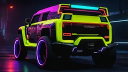 Hummer ultimate Street tuning Mansory Cyberpunk 2077 neon Style Rear View, Super Detailed, desktop wallpaper, 4K
