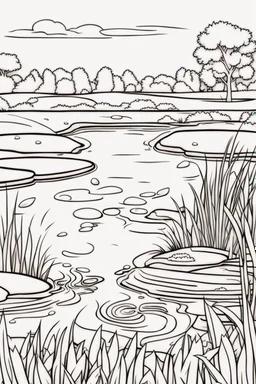 coloring page, pond in the field, cartoon style, thick lines, low detail, no shading