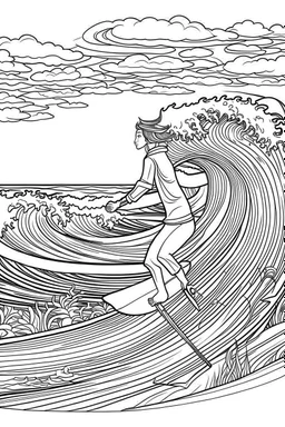 Outline art for coloring page OF A SURFER RIDING A WAVE IN HAWAI, coloring page, white background, Sketch style, only use outline, clean line art, white background, no shadows, no shading, no color, clear