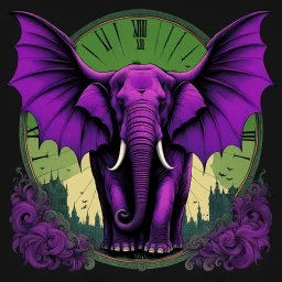 color Ink illustration by Phillipe Druilett, heavily inspired by the unsettling symbolism of Virgil Finday and Alexander Jansson, Demonic bat Winged Purple Elephant, wings coming from shoulders, large round clock embeded in the elephant's head, taken from a slight anglered and dark_green and black color scheme dominating the artwork, grim narrative, smooth illustration, chilling Eldritch motifs, UV reactive color slashes, textured surface, ominous representation, unsettling.