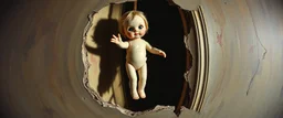 terror doll barely hanging on, master oil painting by Escher and Giger, sodom in the style of Fallout 4, pinhole cam pic, dimensional door, tear in the fabric of reality