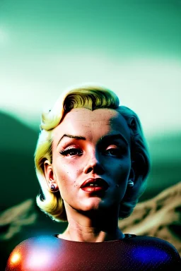 Ultra Realistic retro sci-fi 1960 scene, waist up view portrait, blonde woman, sweet young Marilyn Monroe face, perfect iris, tight latex coat, alien planet background, tight style, steel sphere dron levitating, fog, rain, soft color, highly detailed, unreal engine 5, ray tracing, RTX, lumen lighting, ultra detail, volumetric lighting, 3d, finely drawn, high definition, high resolution.