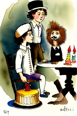 A cute smiling jewish boy dressed black trousers white shirt, wearing a kippah. Boy and lion are sitting at a table with a birthday cake. Watercolour