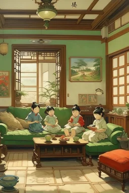 japanese childeren in a apanese living room painting neoclassism