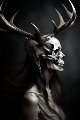 wendigo deer skull human woman hybrid, semi-realistic photo art