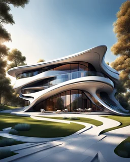 Dibujo realista de casa campestre, estilo Zaha Hadid, calidad ultra, hiperdetallado, 8k, colores complementarios, cuerpo completo, 3D