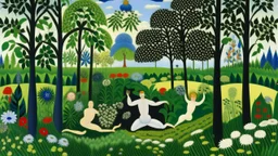 An high detailed oil painting by Matisse and Henri Rousseau of people practicing yoga surrounded by blooming flowers and lush vegetation.