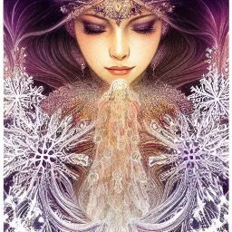 portrait,"Insanely detailed photograph of a beautiful Queen of the light Goddess,gorgeous clean face, highly intricate dress,intricately designed colorful snowflakes in hair,elegant, highly detailed hair, digital painting, artstation, concept art, smooth, sharp focus, illustration, art by artgerm and greg rutkowski, alphonse mucha,Dan witz, 8 k,looking downward,album cover art,fantasy