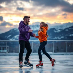 Hyper Realistic Romantic Couple (Handsome Muscular Man Wearing Purple Hoodie Smiling And Black Jeans With Woman Wearing Orange Hoodie And Navy-Blue Jeans Smiling And Both Looking At Each Other Romantically) And Both Wearing Skating Shoes Dancing On A Frozen Floor With Cold Breeze And Snowy Mountains At Cloudy Sunset Showing Dramatic & Cinematic Ambiance.