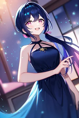 girl, masterpiece, best quality, cinematic lighting, detailed outfit, vibrant colors, perfect eyes, dark blue hair, pink eyes, long hair, low ponytail, dark blue dress, sparkle, depth of field, indoors, god rays, glowing light, ray tracing, laughing,