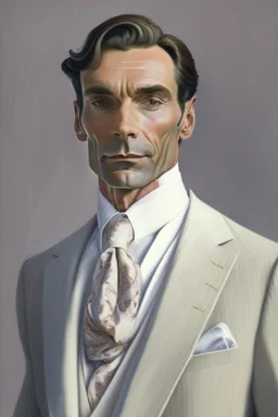Man in his 40s, thin, clean-shaven; he wears and Ivory double-breasted suit and a silk scarf of the same color; careful look