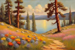 Sunny day, pine trees, mountains, prairie, flowers, lake, rocks, spring, otto pippel impressionism painting