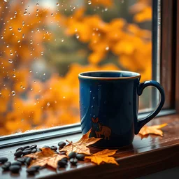 Create a cozy autumn scene focused on a royal ceramic coffee mug sitting on a windowsill. The mug is covered in water droplets, indicating the cool, rainy weather outside. Through the window, show a blurred view of vibrant orange and yellow fall foliage. The window itself is speckled with raindrops, adding to the rainy day atmosphere. On the wooden windowsill, scatter a few fallen autumn leaves and coffee beans, creating a warm, inviting setting. The overall mood should evoke a sense of warmth a