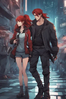 Science fiction, cyberpunk, city street, couple girl and guy, together, love at first sight, forbidden love, pirates, handsome dark haired guy, cute red haired girl