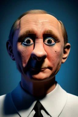 Waist up muppet Portrait, Vladimir Putin as muppet doll, Black suit, photo studio, blue background, unreal engine 5, concept art, art station, god lights, ray tracing, RTX, lumen lighting, ultra detail, volumetric lighting, 3d.