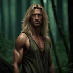 Tall muscaler man aged 35 with light shaggy hair which falls around his shoulders, blonde neatly trimmed beard, photorealistic, dark fantasy, forest.