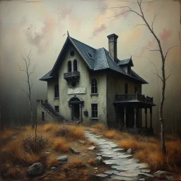 derelict haunted house, matte oil painting, by Goya and Zdzislaw Beksinski and Alexander Jansson, looks like an old aged painting with cracked textures and faded colors, spooky