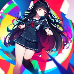 Clear focus, High resolution, long black fluffy hair, red eyes, chopped bangs, wearing a sailor uniform, wearing a sailor skirt, colorful, hollywood, female, human, mortal, thin legs