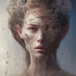 broken, cracked-open woman's face, fine detail, highly intricate, wearing bridal veil, modern surrealism painting, high-quality, volumetric lighting, 8k, ultrahd, George Grie, Marco Escobedo, Igor Morski