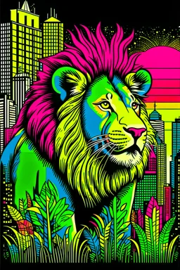 pop art, city, jungle, lion