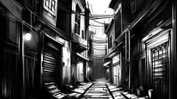 futuristic modern dark night alleyway, terrifying, deceiver, poisonous. In black and white style watercolor drawing. a lot of black color