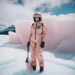 Fashion film in the icefields of Patagonia, a stunning supermodel in an incomplete Astronaut pink bronze suit discover the icefields and giant iceblocks and icebergs using stunning poses we can see her face through the glass . Supreme landscape, inticate background and a minimalist composition that creates a great megalophobia effect. Old lens, old Kodak vision filmstock, 1600 iso.