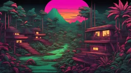 comic style, 80's landscape, wooden city in the jungle, negative space, space quixotic dreams, temporal hallucination, psychedelic, intricate details, sunset neon colors with a lot of green and deep black background, 4K, very high contrast, chiaroscuro