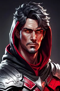 40-year-old boy with black silver highlight hair and a hairstyle with red-colored eyes in a hoodie armor cloak