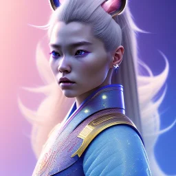 A portrait of a crystalised samurai rabbit, atmospheric, blond long hair, blue eyes, realistic, unreal engine cosmic galactic, cinematic lighting, octane render, transparent,bleu pink light, Horse tail, cristal goutte rose sur le front