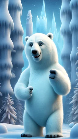 polar bear clown angel showing thumbs up in frozen artic jungle with weird alien towers, in the style of Pixar, expertly crafted in a whimsical and vibrant cartoon style. is masterfully rendered in a lifelike 3D design, which captivates viewers with there irresistible charm.