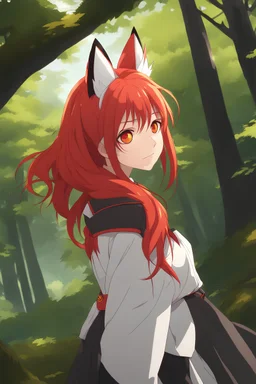 Young woman with red hair and fox ears, vivid gold eyes, red fox tail, Japanese school girl uniform, forest background, RWBY animation style