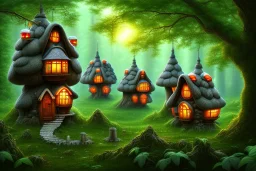 shitake houses with windows in a forest