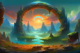 A fantasy painting of mysterious anomalous portals in the sky surrounded by floating islands and hovering rocks above a beautiful landscape in the style of Michael Whelan, energy surge, serene countryside, lush forests, soaring mountains, impressive detail, sunset, high resolution, 4K, 8K, masterpiece