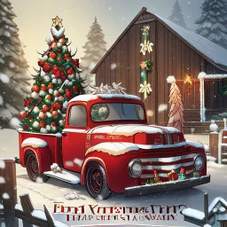 old vintage red Ford pickup truck with decorated Xmas tree in bed of the truck.. In the background is a weathered barn. Snow is falling. Mood is festive. "Take a little Xmas with where ever you go" is written on bottom.