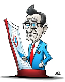 Caricature of Javier Milei, president of Argentina, with glasses, reading at a lectern with a microphone, before the pulication. Behind Javier Milei there is an Argentine flag. Colors of the image, red, black and white