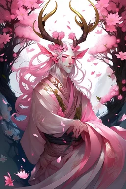 Pink hair spring cherry blossom Eladrin Male antlers beard druid of the stars