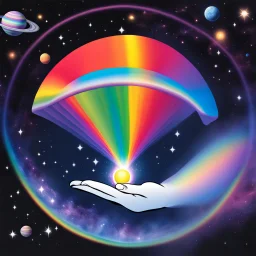 fantasy 90's tcg art of a rainbow card held by a hand in space