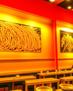 A yellowish orange colored Japanese restaurant with fiery spicy noodles painted by Andy Warhol