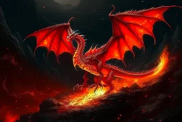 Whole dragon with great fiery wings made of fire on a steep rocky landscpe with a ravine full of lava. on a full moon and shooting stars