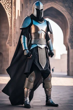 Arab cyborg warrior Full Body Full Armored helmet,Wearing Face Mask Iron Masculine Mysterious Powerful Fantasy High Quality clothes,islamic city background