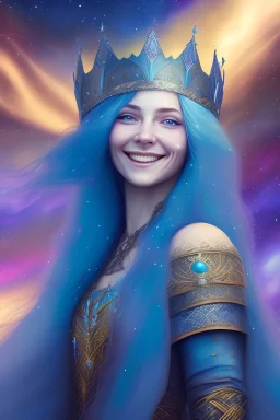 one beautiful woman with long blue hair, standing, sweet smile, with viking cosmic galactic clothes, a crown on the head, stary sky behind or aurora borealis