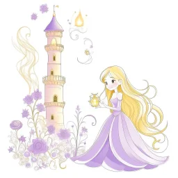 fondo blanco y lila princesa rapunzel , luces flotantes ,flor mágica , sol castillo guirnaldas doradas estrellas