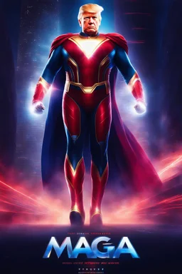 movie poster - "MAGA MAN" - Donald Trump as 'Maga Man,' Extremely Muscular, Skintight, formfitting, crimson bodysuit, blue cape, silver boots, multicolored Lightning, Multicolored vortex, neon lit futuristic cityscape, mist, fog, speed, extremely overexaggerated musculature,