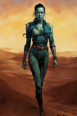 create a fine art print full body illustration of a rugged gritty, roughly textured Fremen female with highly detailed feminine facial features, traversing a a rocky outcrop amidst the desert sands of Arrakis, dusty, gritty, in the comic book art style of Bill Sienkiewicz, and Jean Giraud Moebius, finely textured, drawn, colored, and inked,